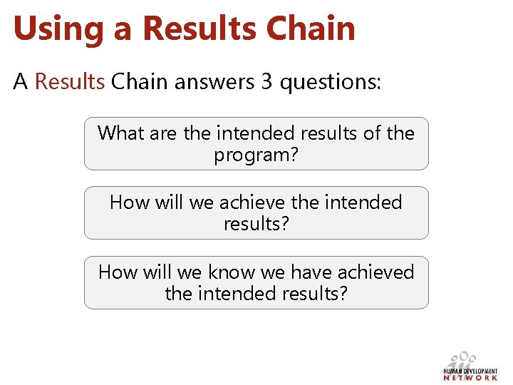 Using a Results Chain A Results Chain answers 3 questions: What are the intended