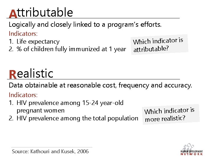 Attributable Logically and closely linked to a program’s efforts. Indicators: 1. Life expectancy 2.