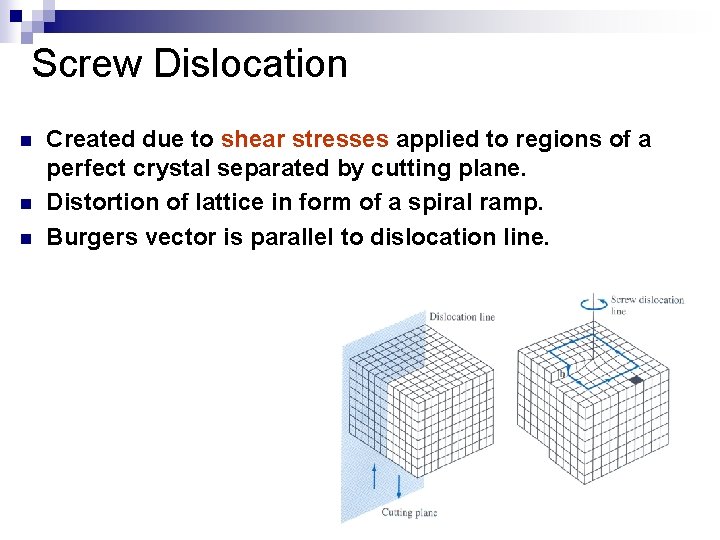 Screw Dislocation n Created due to shear stresses applied to regions of a perfect