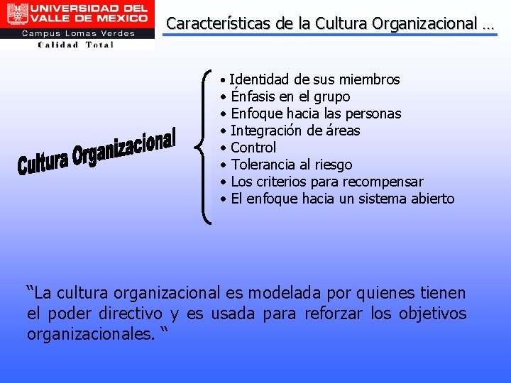 Características de la Cultura Organizacional … • Identidad de sus miembros • • Énfasis