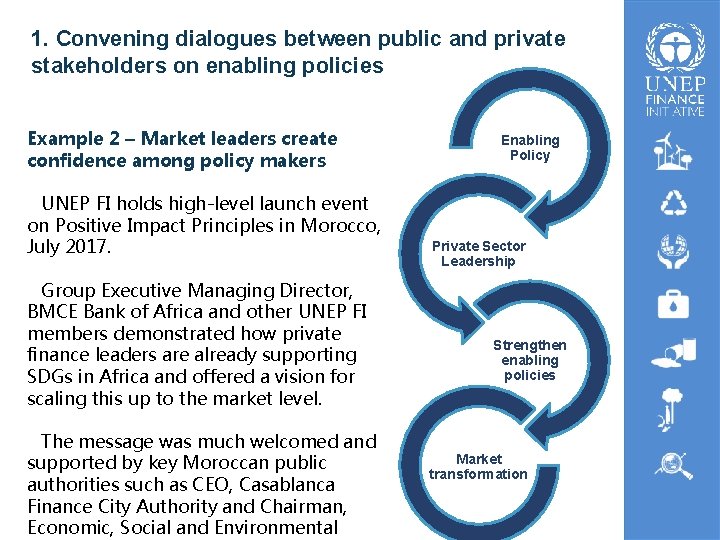 1. Convening dialogues between public and private stakeholders on enabling policies Example 2 –