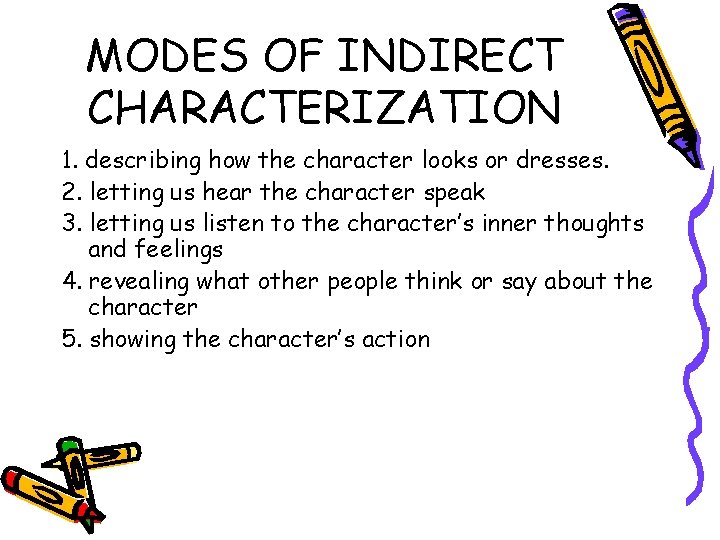 MODES OF INDIRECT CHARACTERIZATION 1. describing how the character looks or dresses. 2. letting