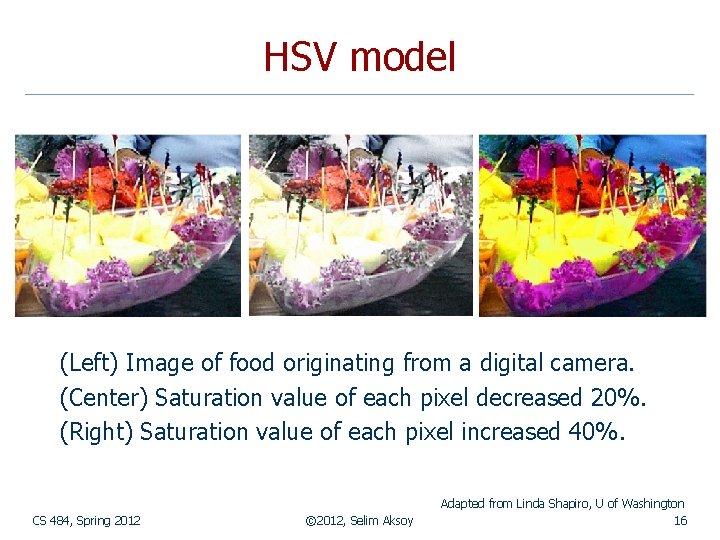 HSV model (Left) Image of food originating from a digital camera. (Center) Saturation value