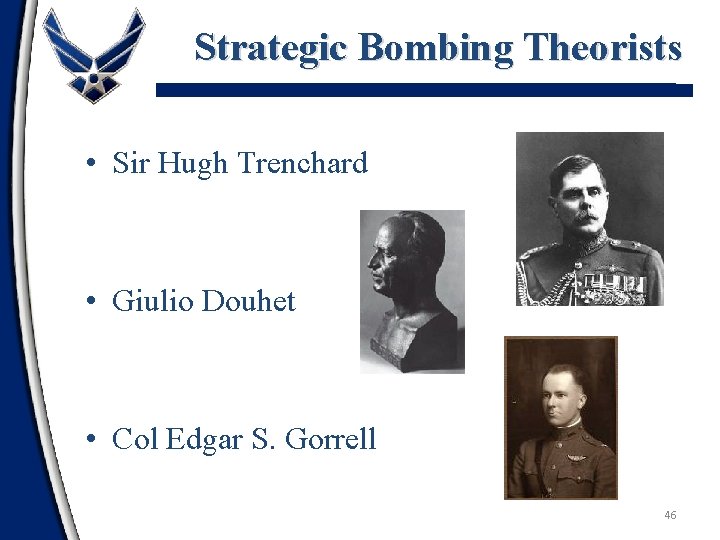 Strategic Bombing Theorists • Sir Hugh Trenchard • Giulio Douhet • Col Edgar S.
