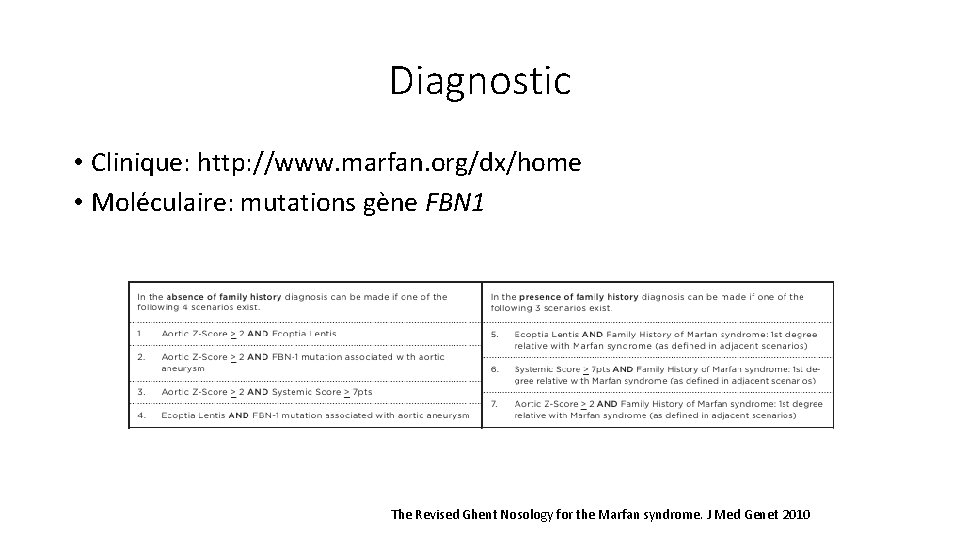 Diagnostic • Clinique: http: //www. marfan. org/dx/home • Moléculaire: mutations gène FBN 1 The