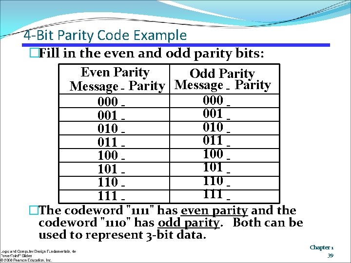 4 -Bit Parity Code Example �Fill in the even and odd parity bits: Even