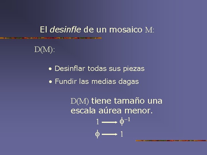 El desinfle de un mosaico M: D(M): • Desinflar todas sus piezas • Fundir