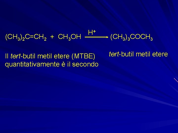 (CH 3)2 C=CH 2 + CH 3 OH H+ Il tert-butil metil etere (MTBE)