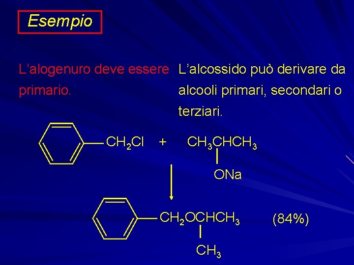 Esempio L’alogenuro deve essere L’alcossido può derivare da primario. alcooli primari, secondari o terziari.