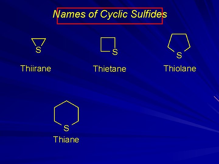 Names of Cyclic Sulfides S S Thiirane Thietane S Thiolane 