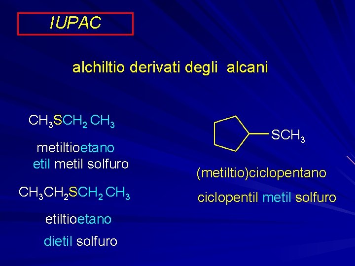 IUPAC alchiltio derivati degli alcani CH 3 SCH 2 CH 3 metiltioetano etil metil
