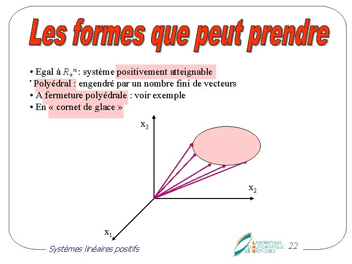 • Egal à R+n : système positivement atteignable • Polyédral : engendré par