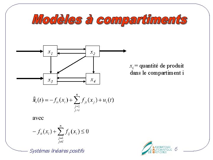 x 1 x 3 Systèmes linéaires positifs x 2 x 4 xi = quantité