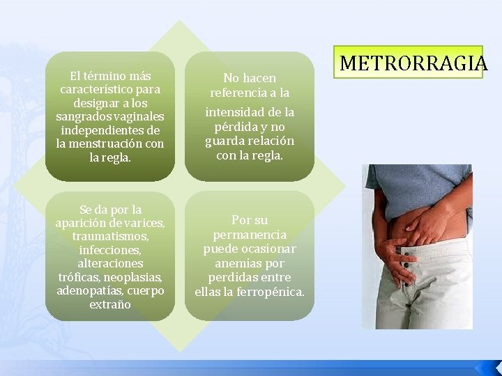 El término más característico para designar a los sangrados vaginales independientes de la menstruación