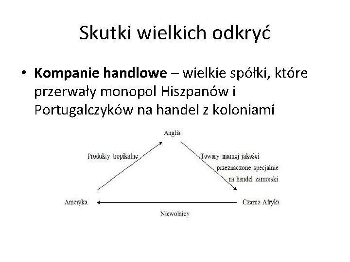 Skutki wielkich odkryć • Kompanie handlowe – wielkie spółki, które przerwały monopol Hiszpanów i