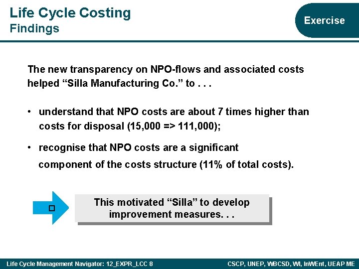 Life Cycle Costing Exercise Findings The new transparency on NPO-flows and associated costs helped