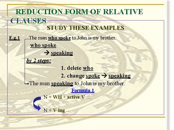 REDUCTION FORM OF RELATIVE CLAUSES STUDY THESE EXAMPLES E. g. 1 The man who