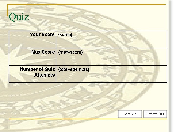 Quiz Your Score {score} Max Score {max-score} Number of Quiz {total-attempts} Attempts Continue Review