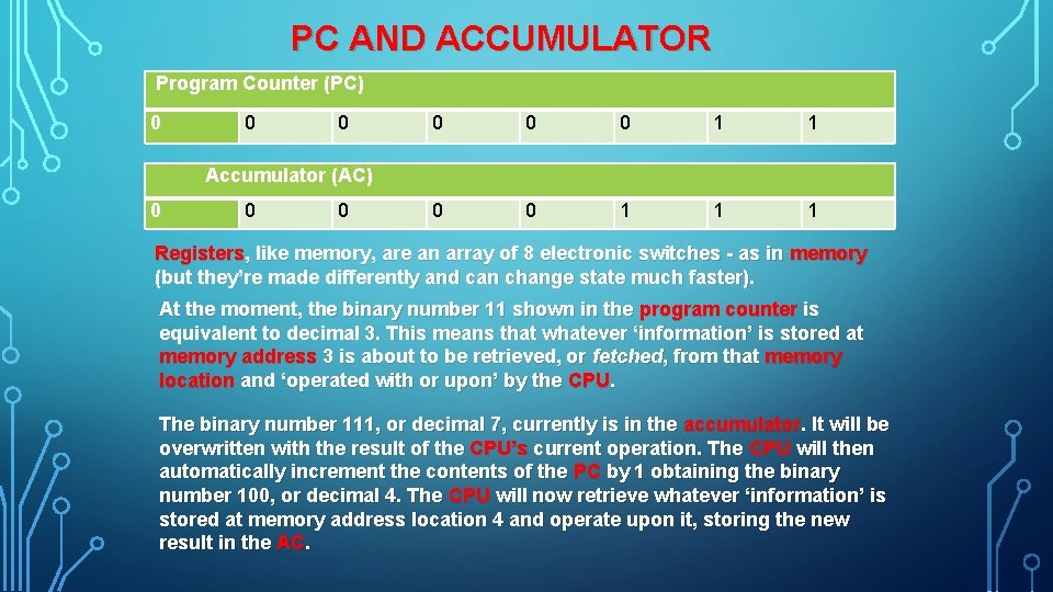 PC AND ACCUMULATOR Program Counter (PC) 0 0 0 1 1 1 Accumulator (AC)