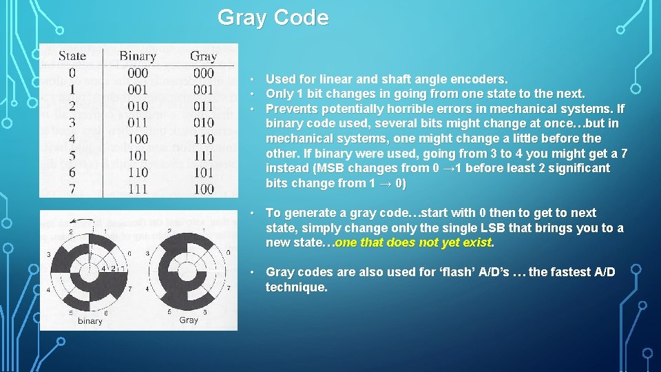 Gray Code • • • Used for linear and shaft angle encoders. Only 1