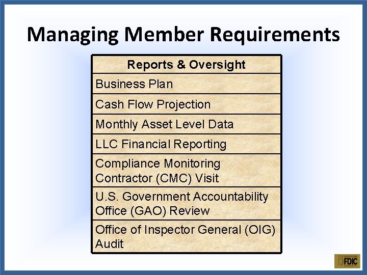 Managing Member Requirements Reports & Oversight Business Plan Cash Flow Projection Monthly Asset Level