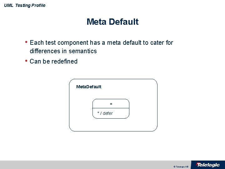 UML Testing Profile Meta Default • Each test component has a meta default to