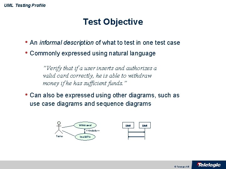 UML Testing Profile Test Objective • An informal description of what to test in
