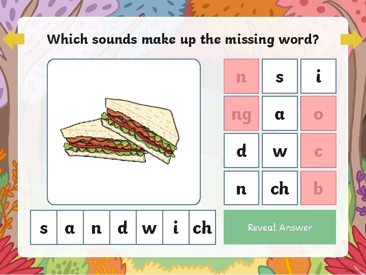 Which sounds make up the missing word? s a n d w i ch
