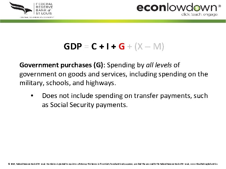 GDP = C + I + G + (X M) Government purchases (G): Spending