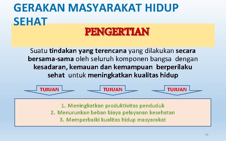 GERAKAN MASYARAKAT HIDUP SEHAT PENGERTIAN Suatu tindakan yang terencana yang dilakukan secara bersama-sama oleh GERAKAN MASYARAKAT HIDUP SEHAT PENGERTIAN Suatu tindakan yang terencana yang dilakukan secara bersama-sama oleh