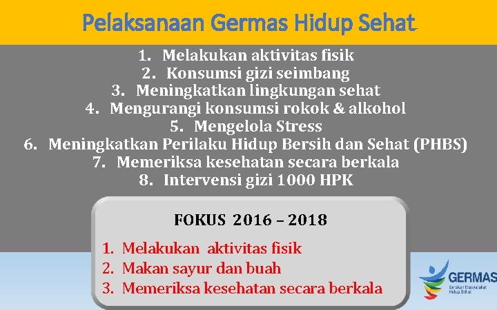 Pelaksanaan Germas Hidup Sehat 1. Melakukan aktivitas fisik 2. Konsumsi gizi seimbang 3. Meningkatkan Pelaksanaan Germas Hidup Sehat 1. Melakukan aktivitas fisik 2. Konsumsi gizi seimbang 3. Meningkatkan
