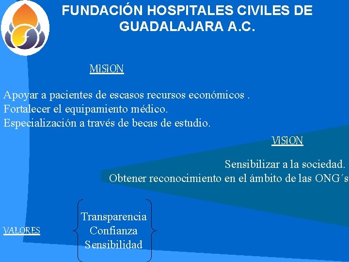 FUNDACIÓN HOSPITALES CIVILES DE GUADALAJARA A. C. MISION Apoyar a pacientes de escasos recursos