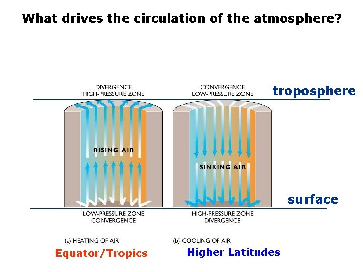 What drives the circulation of the atmosphere? troposphere surface Equator/Tropics Higher Latitudes 