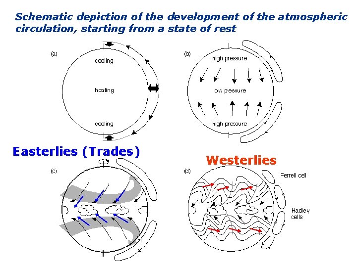 Schematic depiction of the development of the atmospheric circulation, starting from a state of