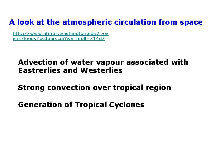 A look at the atmospheric circulation from space http: //www. atmos. washington. edu/~ov ens/loops/wxloop.
