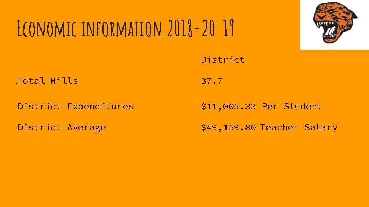 Economic information 2018 -20 19 District Total Mills 37. 7 District Expenditures $11, 005.