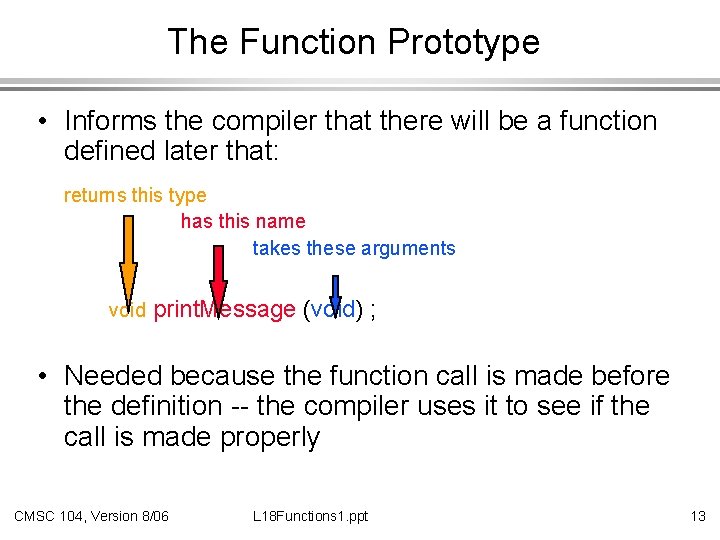 The Function Prototype • Informs the compiler that there will be a function defined