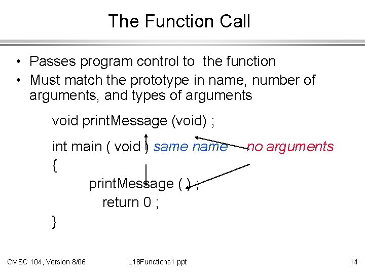 The Function Call • Passes program control to the function • Must match the