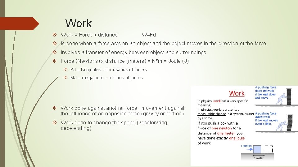 Work = Force x distance W=Fd Is done when a force acts on an