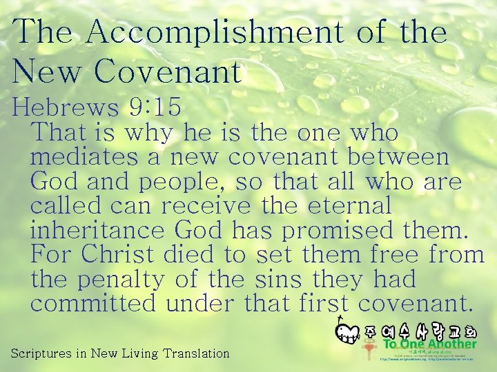 The Accomplishment of the New Covenant Hebrews 9: 15 That is why he is