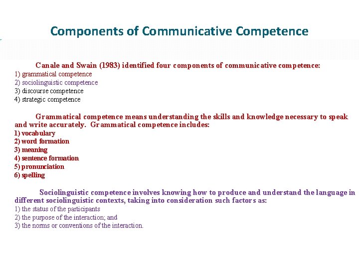 Components of Communicative Competence Canale and Swain (1983) identified four components of communicative competence: