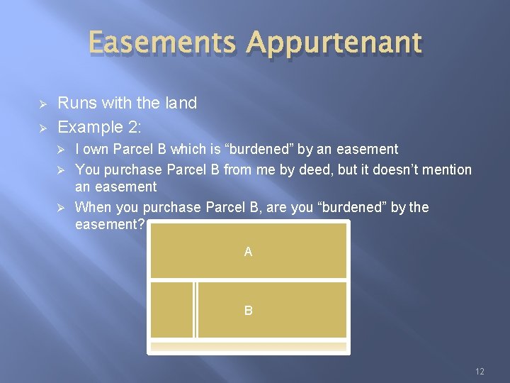 Easements Appurtenant Ø Ø Runs with the land Example 2: I own Parcel B