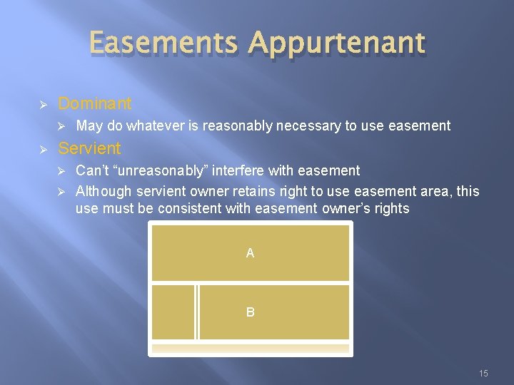 Easements Appurtenant Ø Dominant Ø Ø May do whatever is reasonably necessary to use