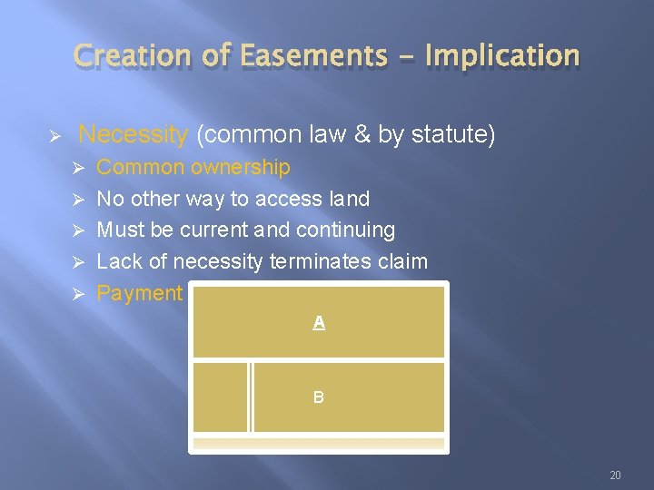 Creation of Easements - Implication Ø Necessity (common law & by statute) Ø Ø