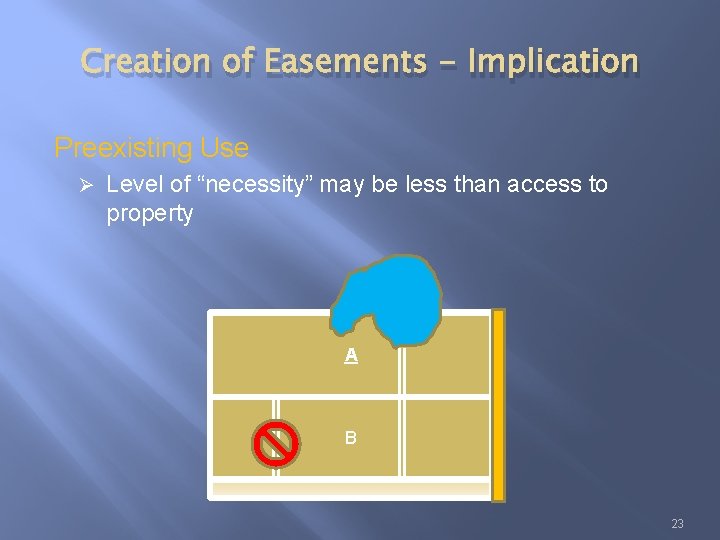 Creation of Easements - Implication Preexisting Use Ø Level of “necessity” may be less