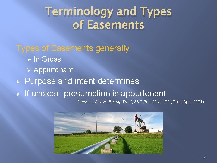 Terminology and Types of Easements generally In Gross Ø Appurtenant Ø Ø Ø Purpose