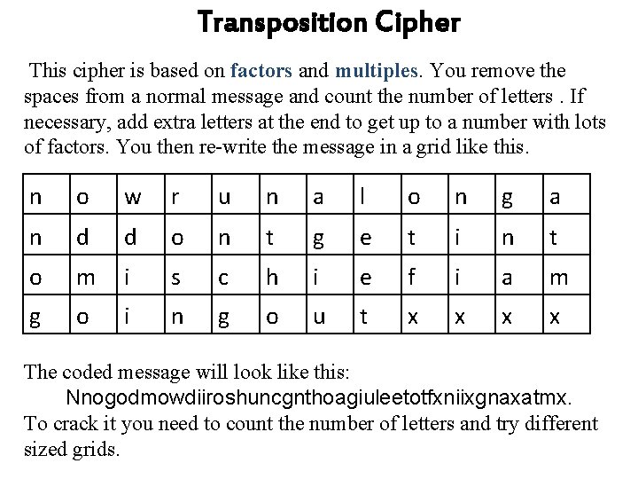 Transposition Cipher This cipher is based on factors and multiples. You remove the spaces