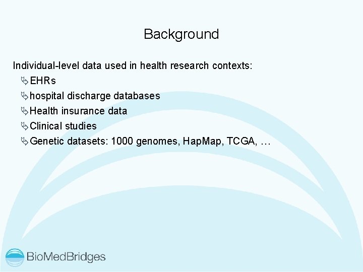 Background Individual-level data used in health research contexts: ÄEHRs Ähospital discharge databases ÄHealth insurance