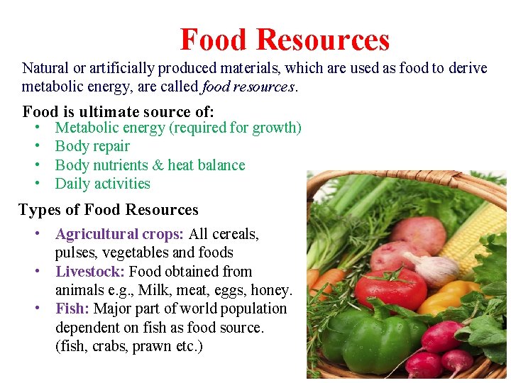Food Resources Natural or artificially produced materials, which are used as food to derive