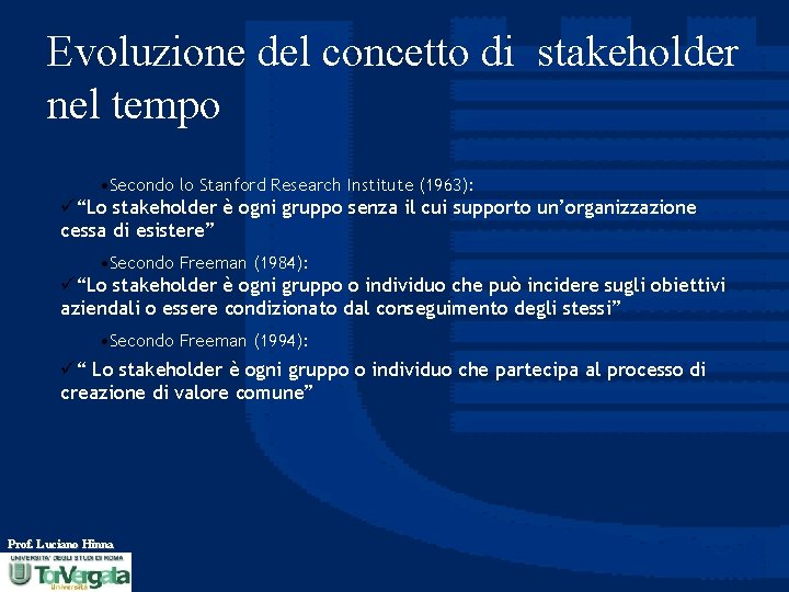 Evoluzione del concetto di stakeholder nel tempo • Secondo lo Stanford Research Institute (1963):